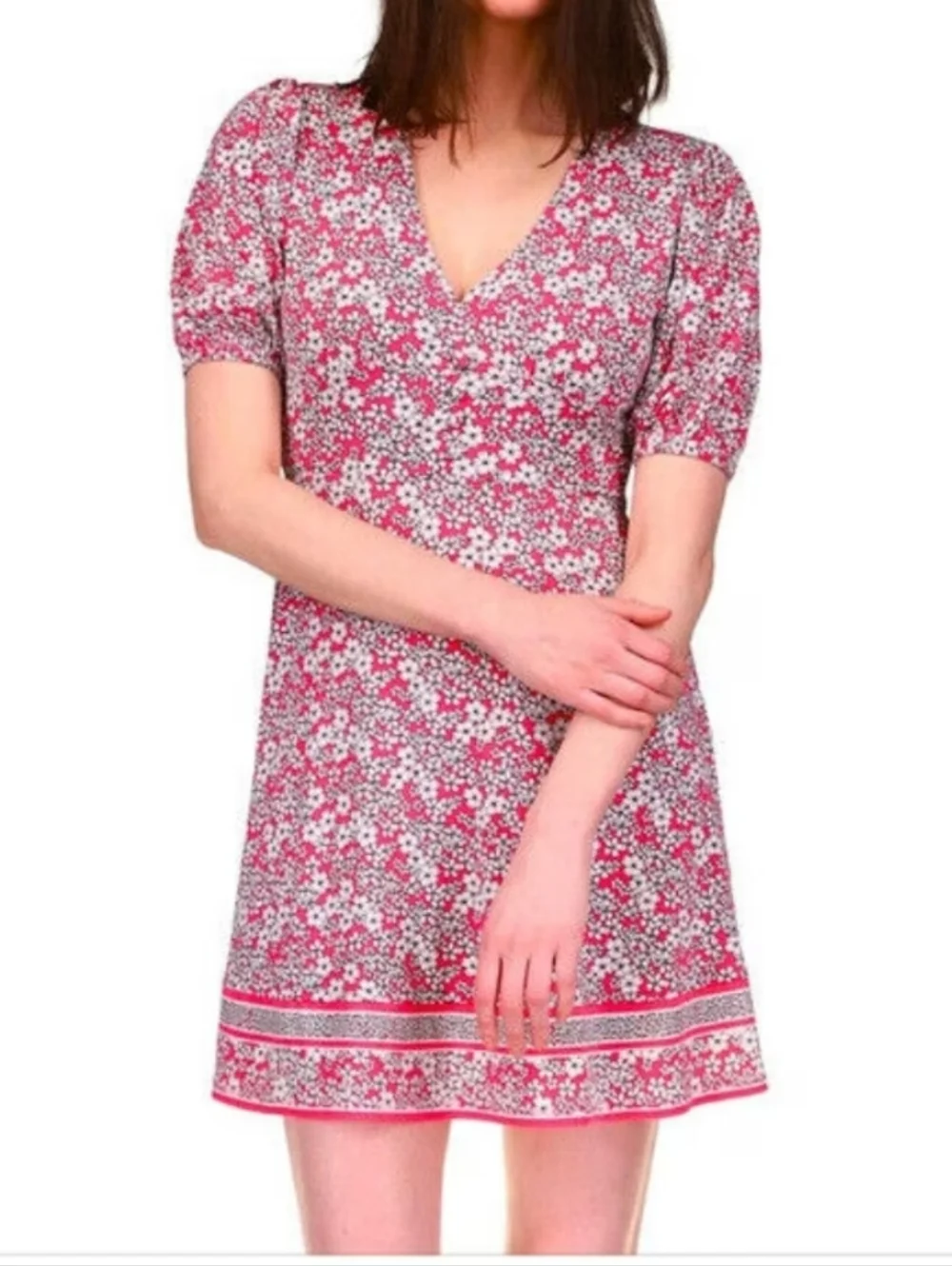 Michael Kors Floral Dress Pink White V Neck Puff Sleeve Fit Flare XXS - Picture 6 of 6